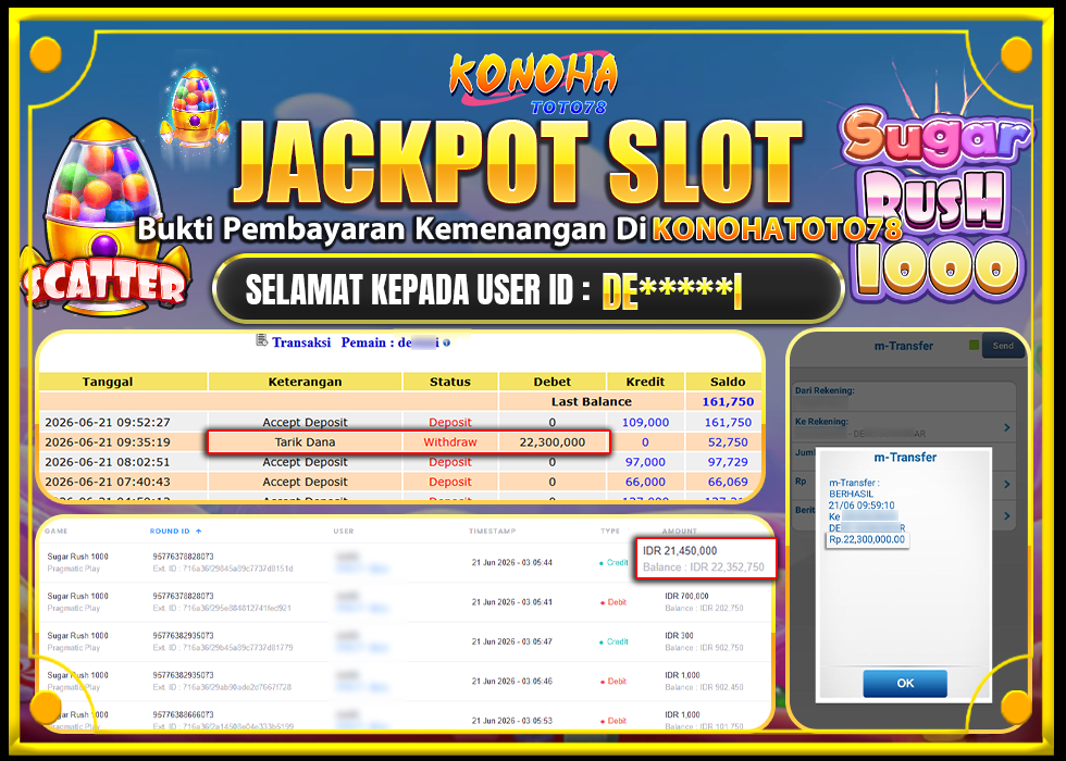 KONOHATOTO78 JACKPOT SUGAR RUSH 1000 Rp.22.300.000,- LUNAS